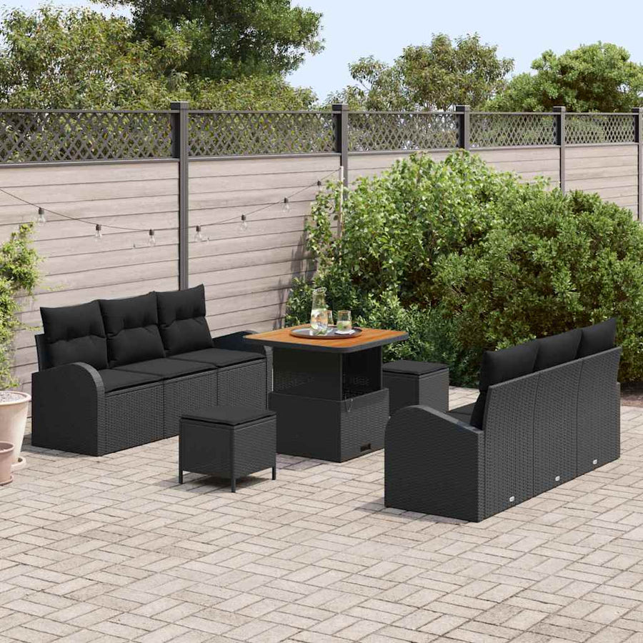 Tuinbankenset met kussen 9 pcs Zwart poly rattan