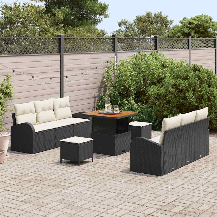 Tuinbankenset met kussen 9 pcs Zwart poly rattan