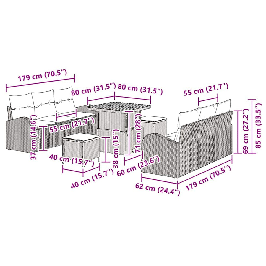 Tuinbankenset met kussen 9 pcs Grijs poly rattan