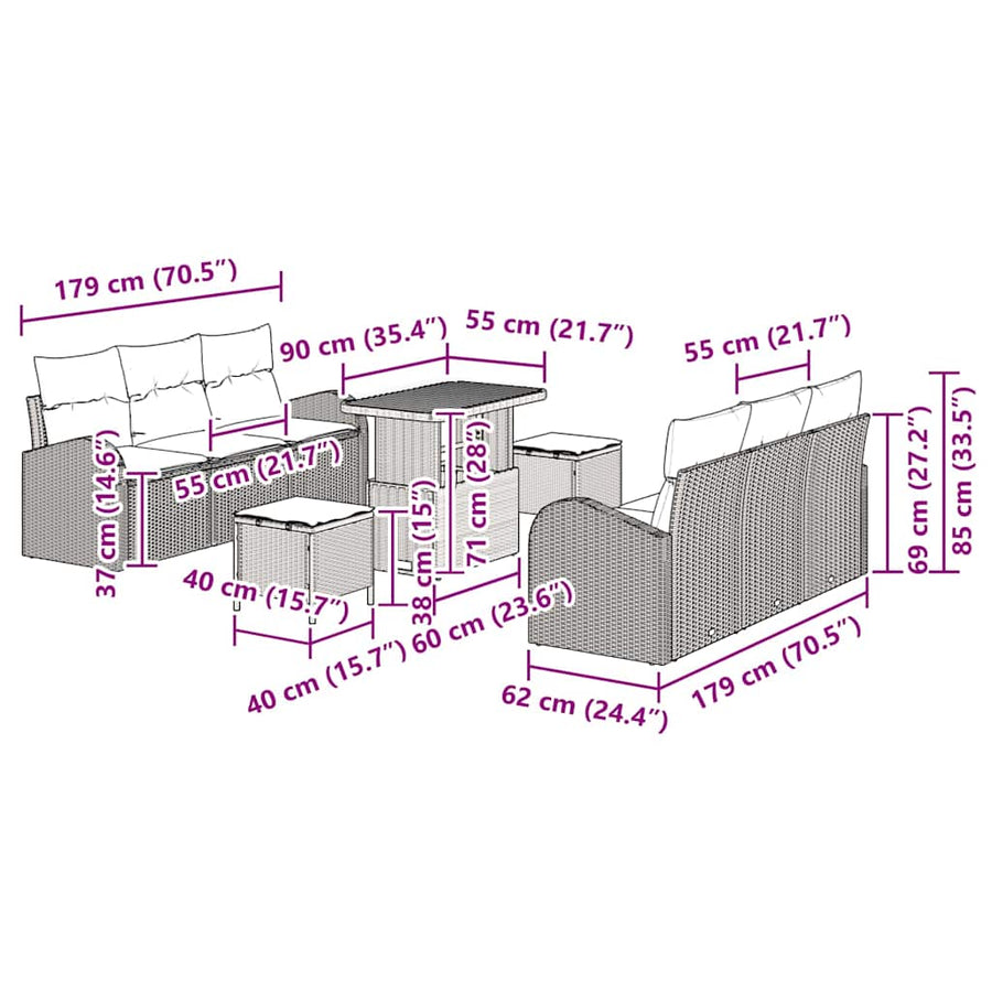 Tuinbankenset met kussen 9 pcs Zwart poly rattan