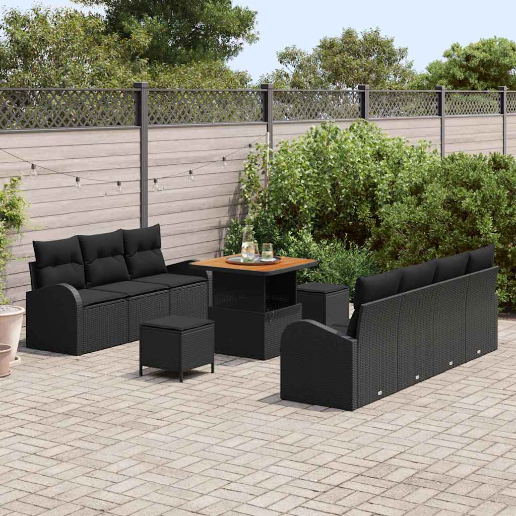 Tuinbankenset met kussen 10 pcs Zwart poly rattan