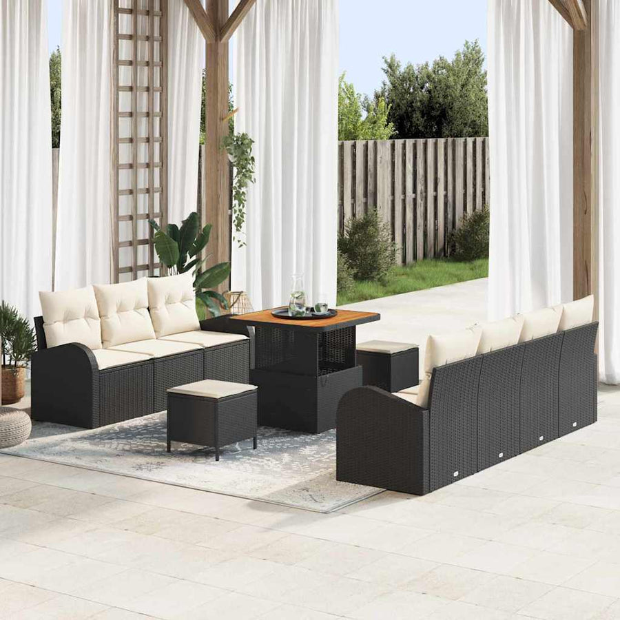 Tuinbankenset met kussen 10 pcs Zwart poly rattan