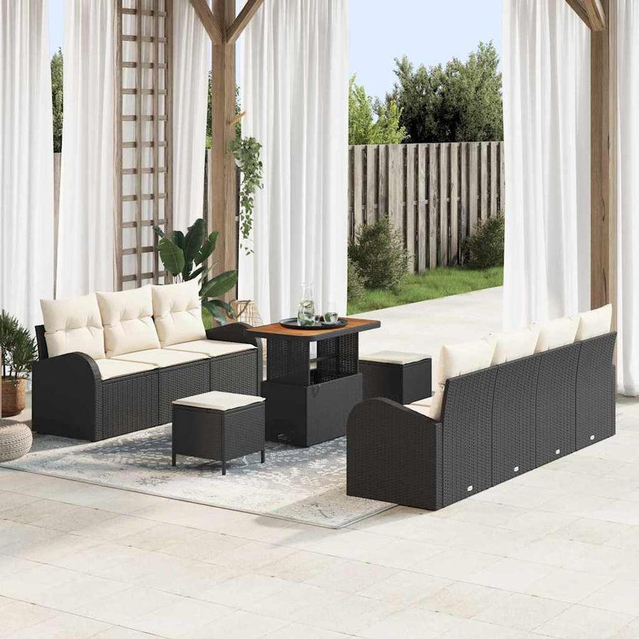 Tuinbankenset met kussen 10 pcs Zwart poly rattan