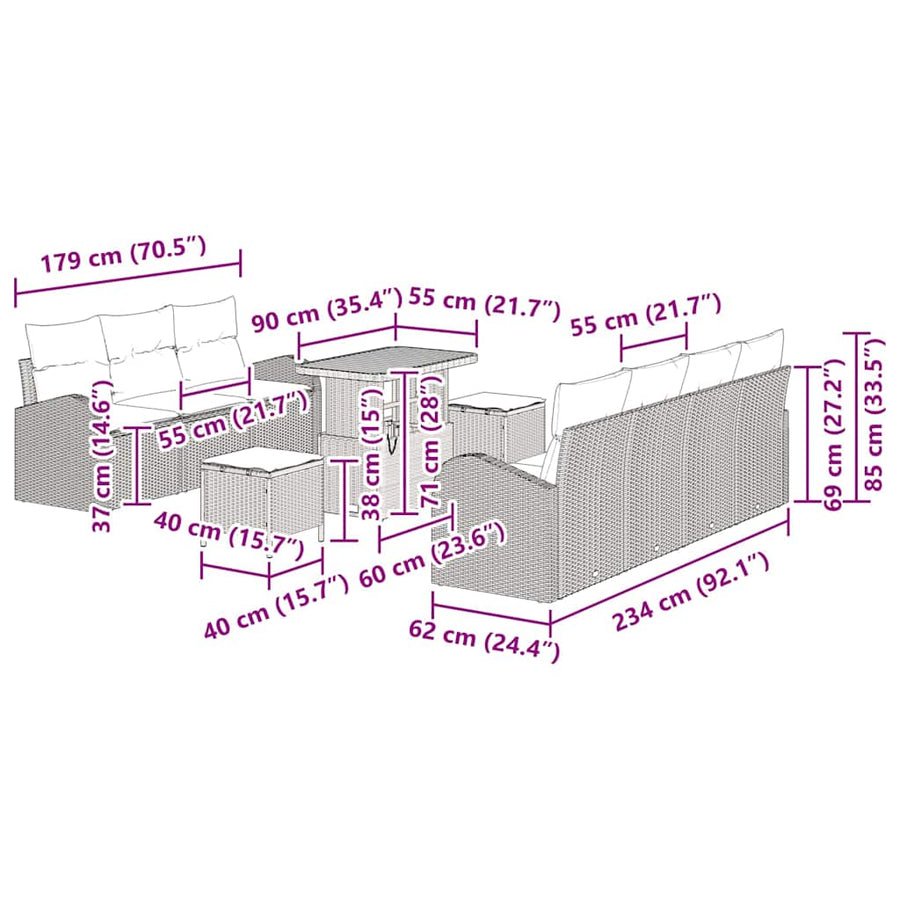 Tuinbankenset met kussen 10 pcs Zwart poly rattan