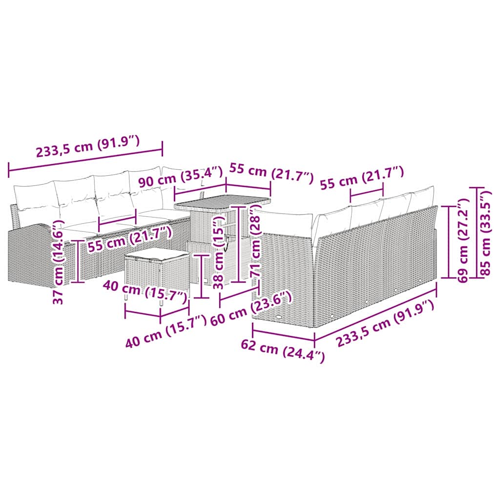 Tuinbankenset met kussen 11 pcs Zwart poly rattan
