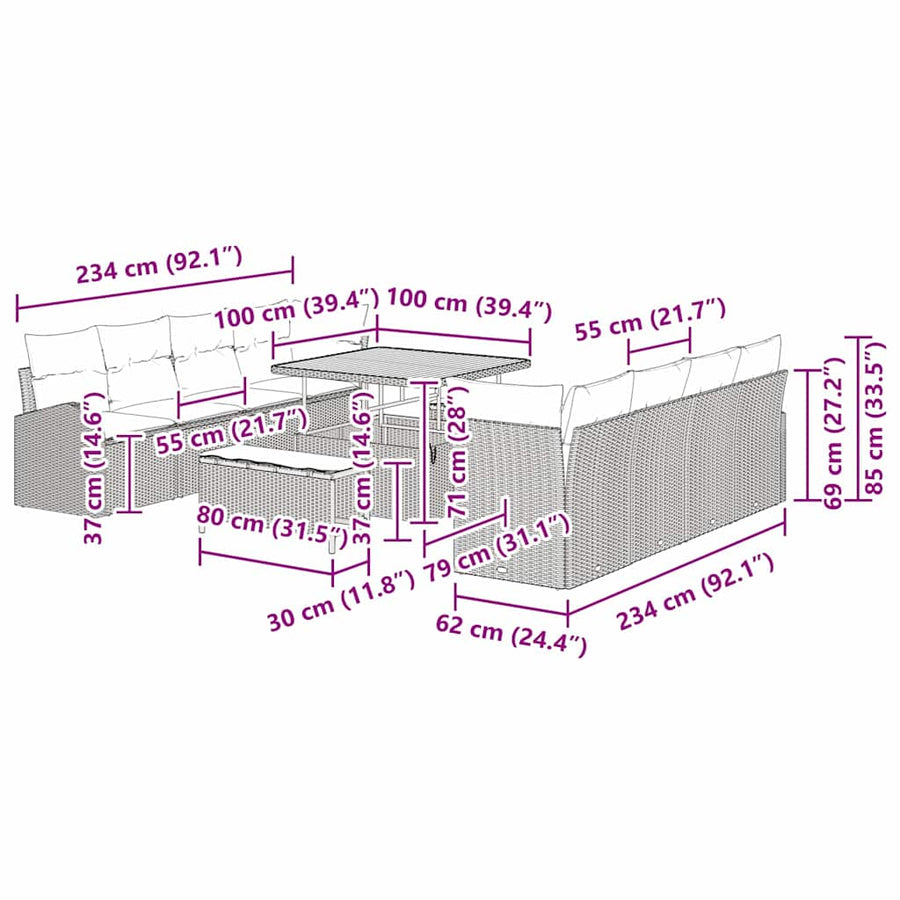 Tuinbankenset met kussen 11 pcs Beige poly rattan