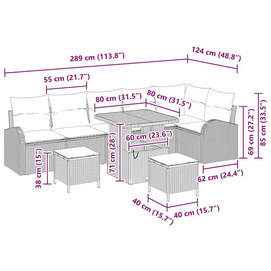 Tuinbankenset met kussen 9 pcs Grijs poly rattan