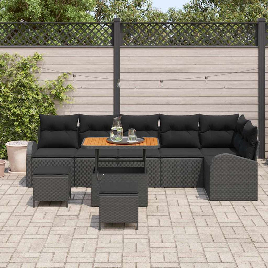 Tuinbankenset met kussen 9 pcs Zwart poly rattan