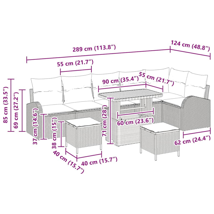 Tuinbankenset met kussen 9 pcs Zwart poly rattan