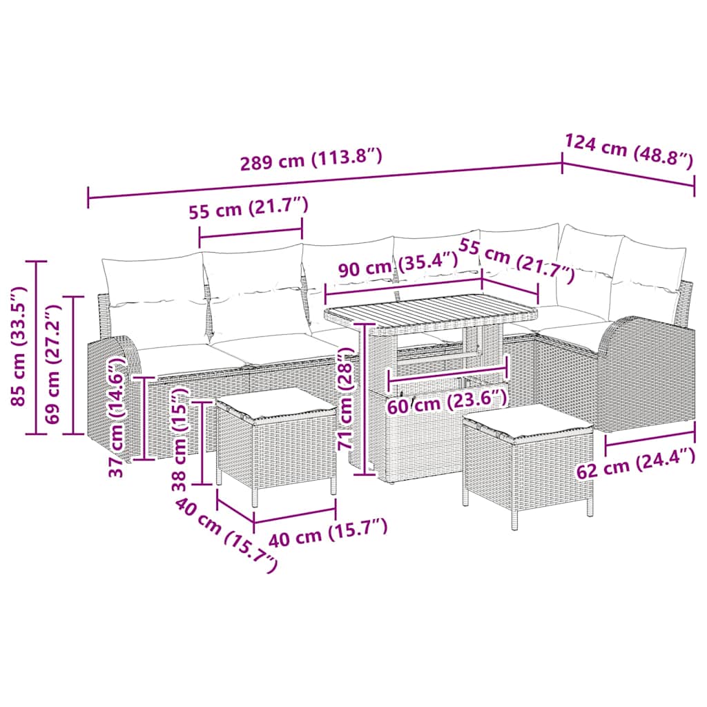 Tuinbankenset met kussen 9 pcs Beige poly rattan