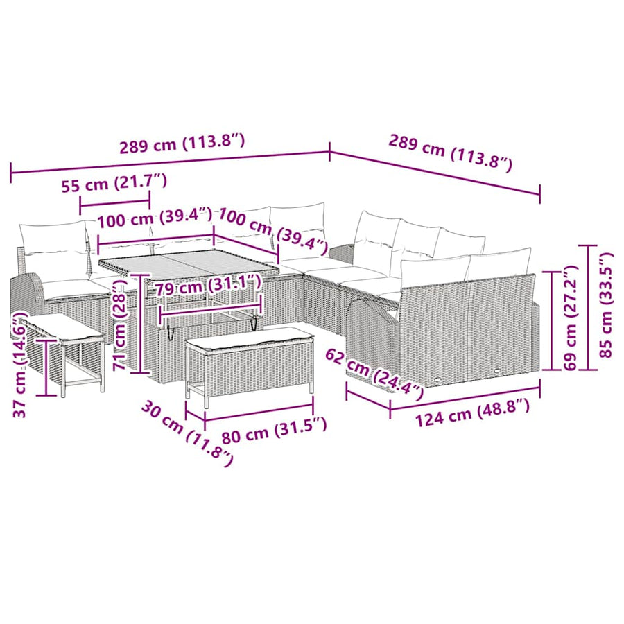 Tuinbankenset met kussen 13 pcs Grijs poly rattan