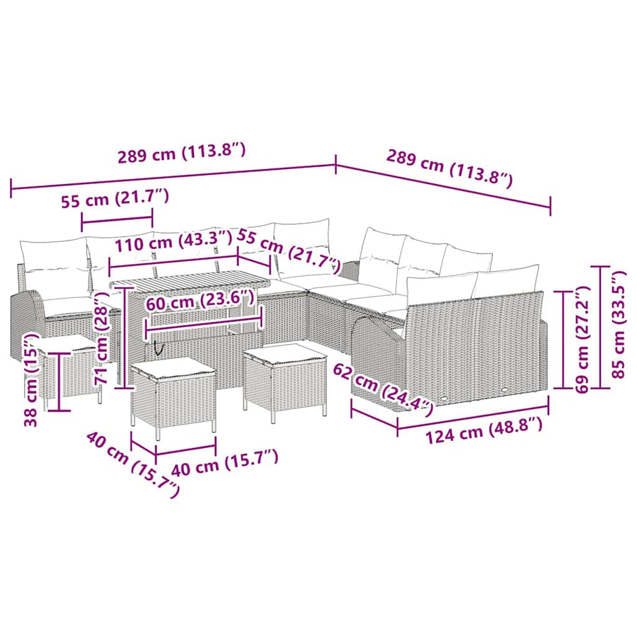 Tuinbankenset met kussen 14 pcs Grijs poly rattan