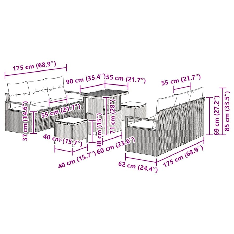 Tuinbankenset met kussen 9 pcs Zwart poly rattan