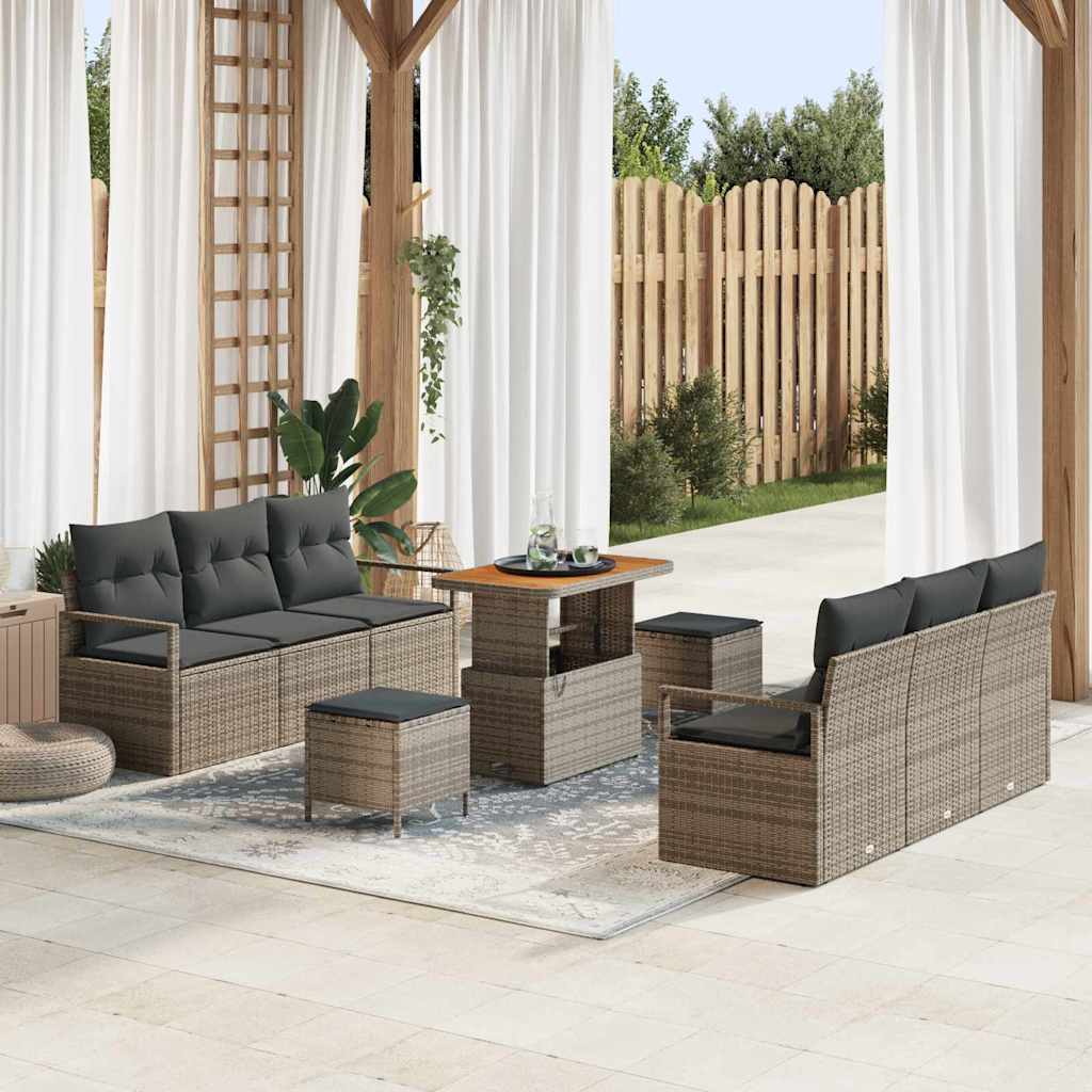 Tuinbankenset met kussen 9 pcs Grijs poly rattan