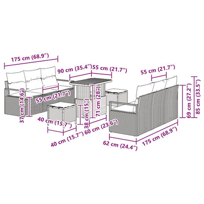 Tuinbankenset met kussen 9 pcs Grijs poly rattan