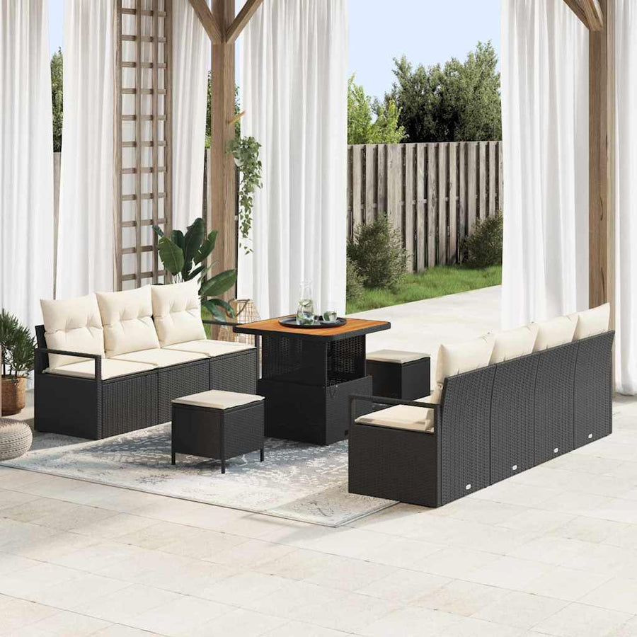 Tuinbankenset met kussen 10 pcs Zwart poly rattan