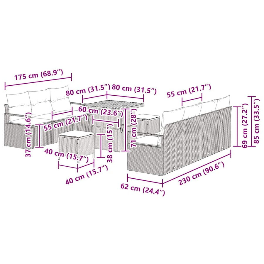 Tuinbankenset met kussen 10 pcs Grijs poly rattan