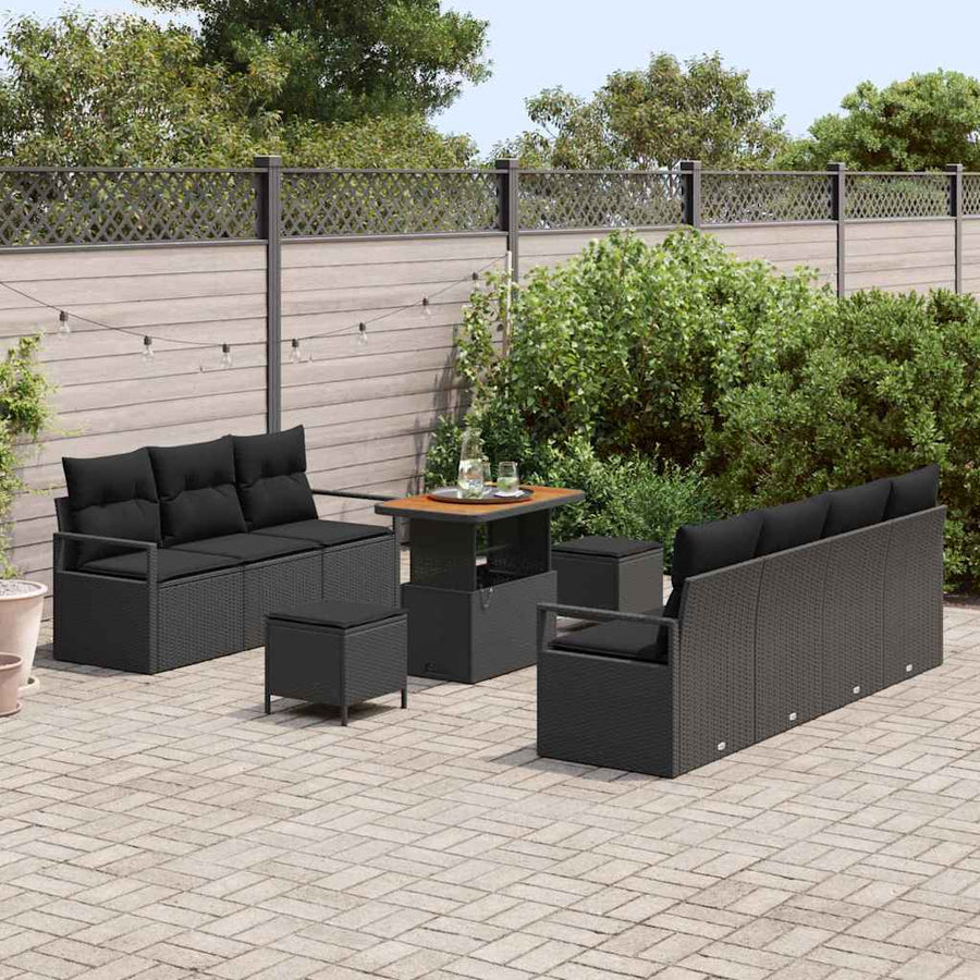 Tuinbankenset met kussen 10 pcs Zwart poly rattan