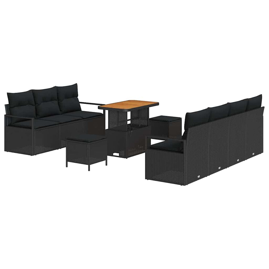 Tuinbankenset met kussen 10 pcs Zwart poly rattan