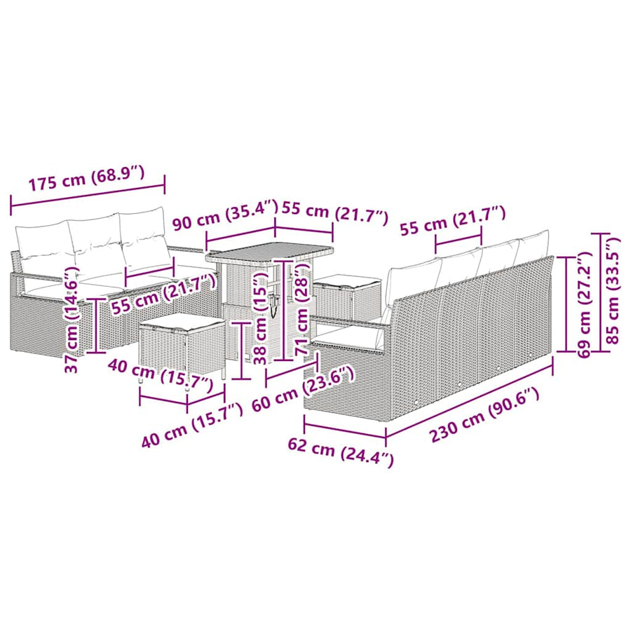 Tuinbankenset met kussen 10 pcs Zwart poly rattan