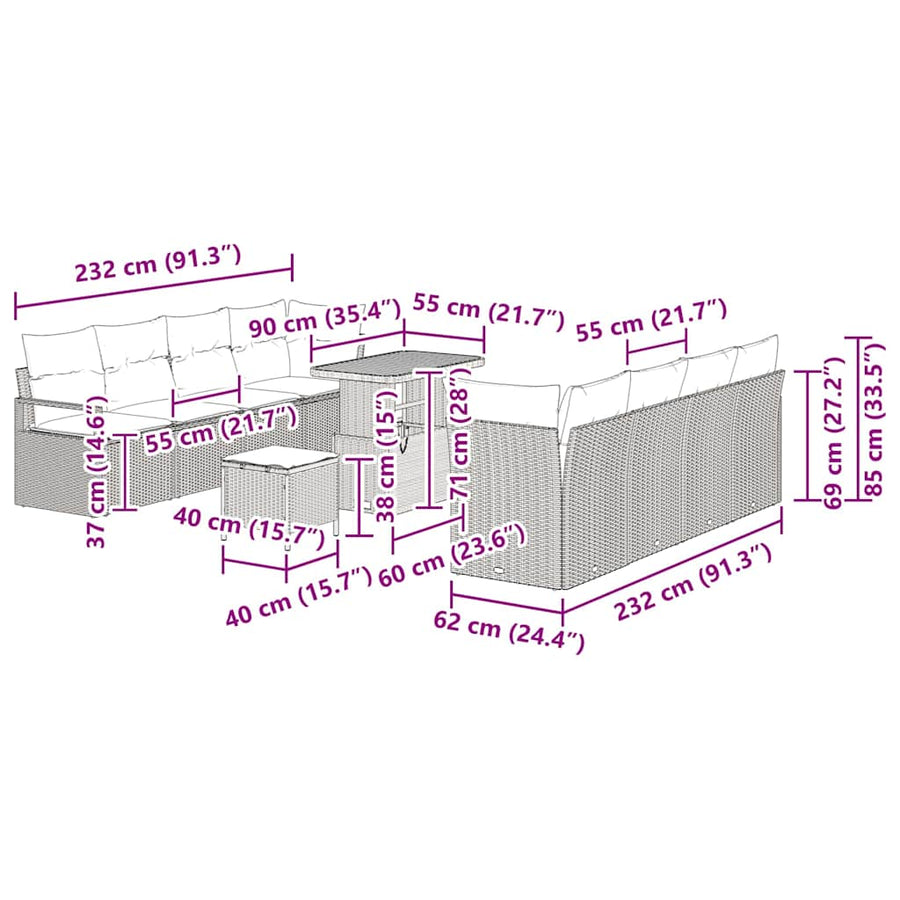 Tuinbankenset met kussen 11 pcs Zwart poly rattan
