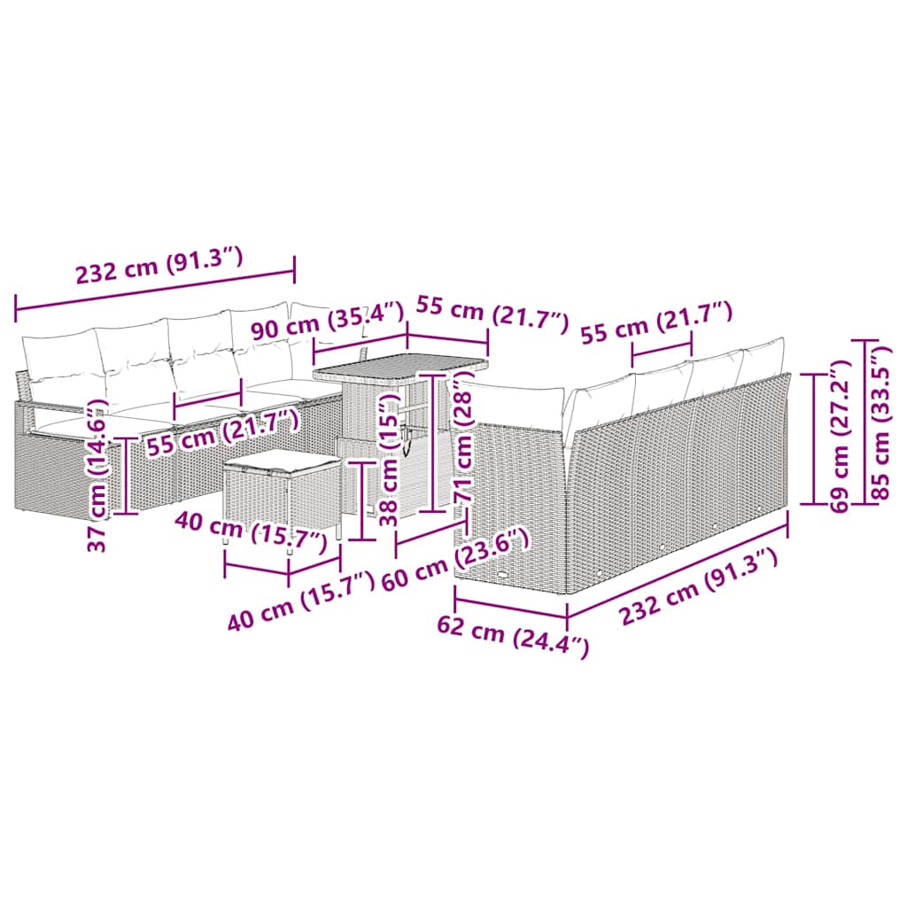 Tuinbankenset met kussen 11 pcs Beige poly rattan