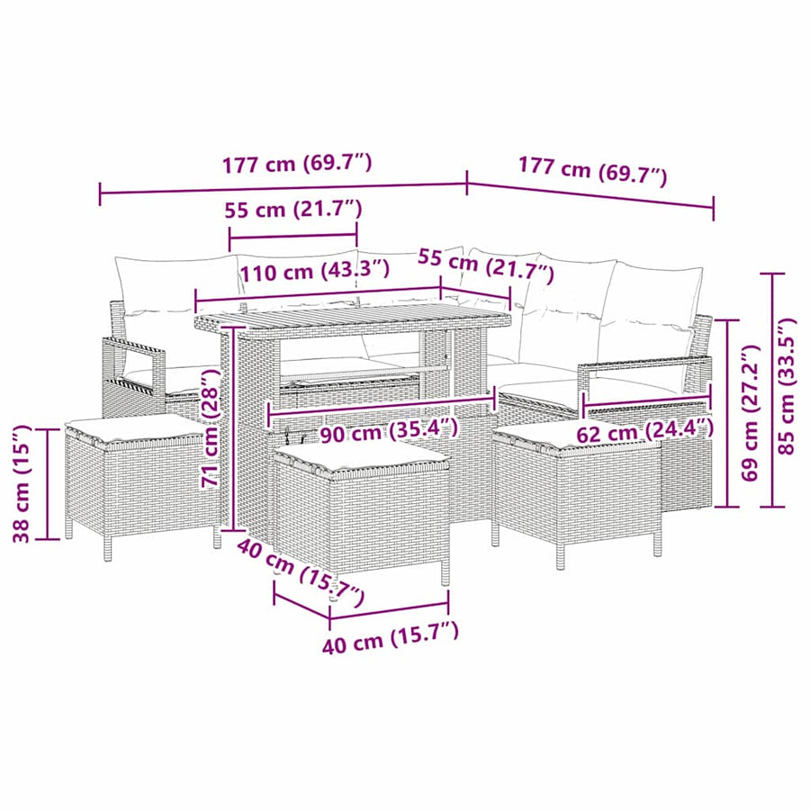 Tuinbankenset met kussen 9 pcs Zwart poly rattan