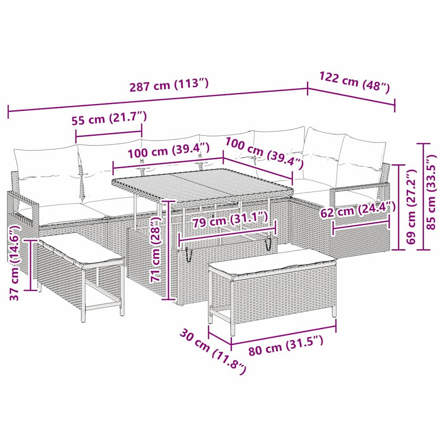 Tuin Sofa Set met kussen 9 pcs Zwart Poly riet