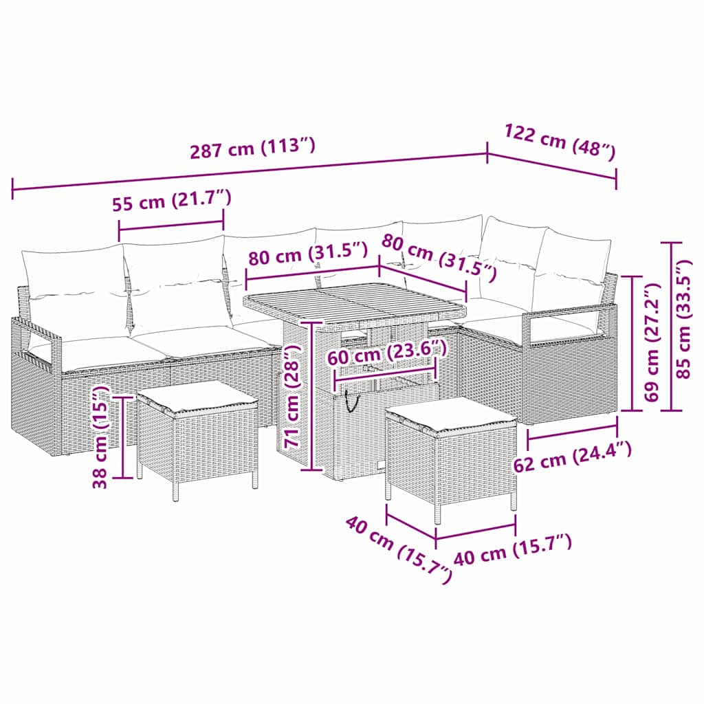 Tuin Sofa Set met kussen 9 pcs Beige Poly riet