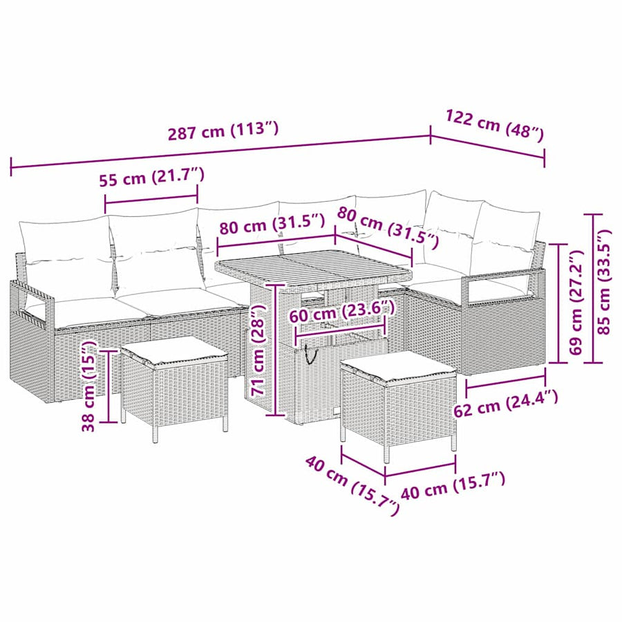 Tuin Sofa Set met kussen 9 pcs Grijs Poly riet