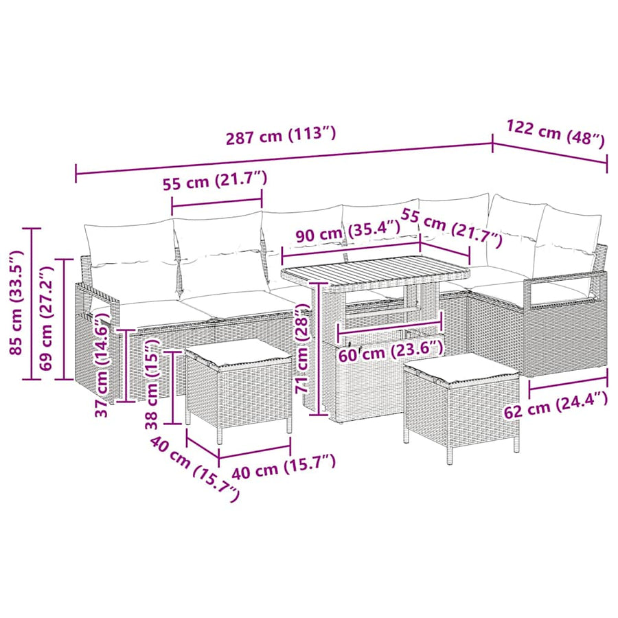 Tuin Sofa Set met kussen 9 pcs Zwart Poly riet