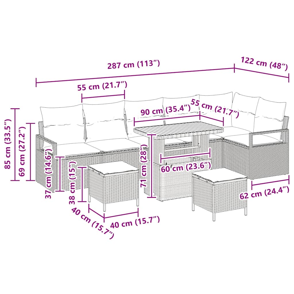 Tuin Sofa Set met kussen 9 pcs Grijs Poly riet
