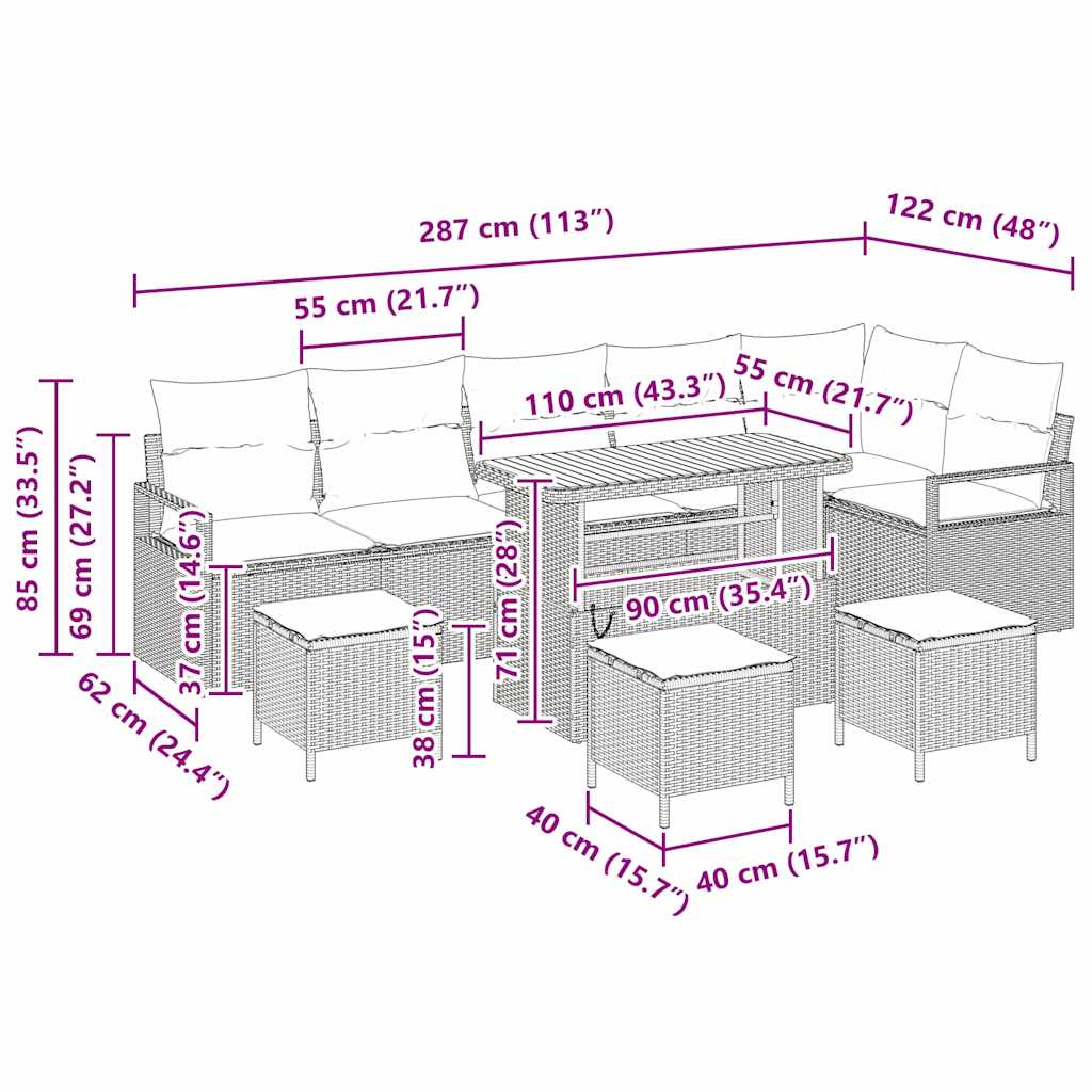 Tuin Sofa Set met kussen 10 pcs Beige Poly riet