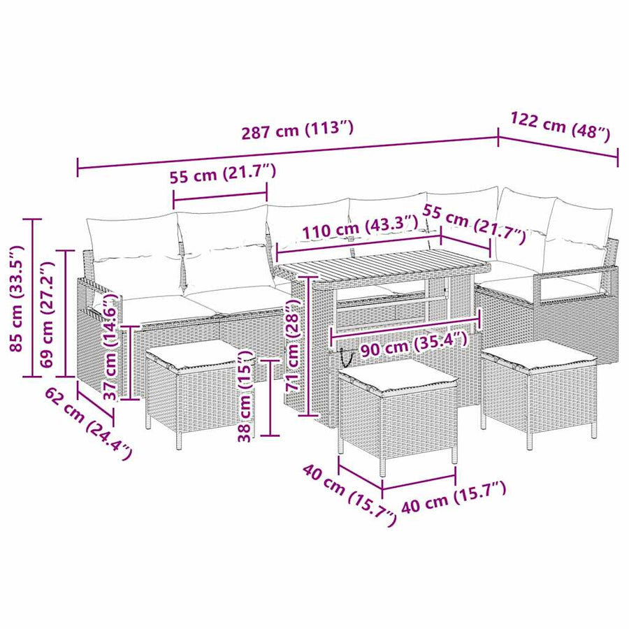 Tuin Sofa Set met kussen 10 pcs Grijs Poly riet