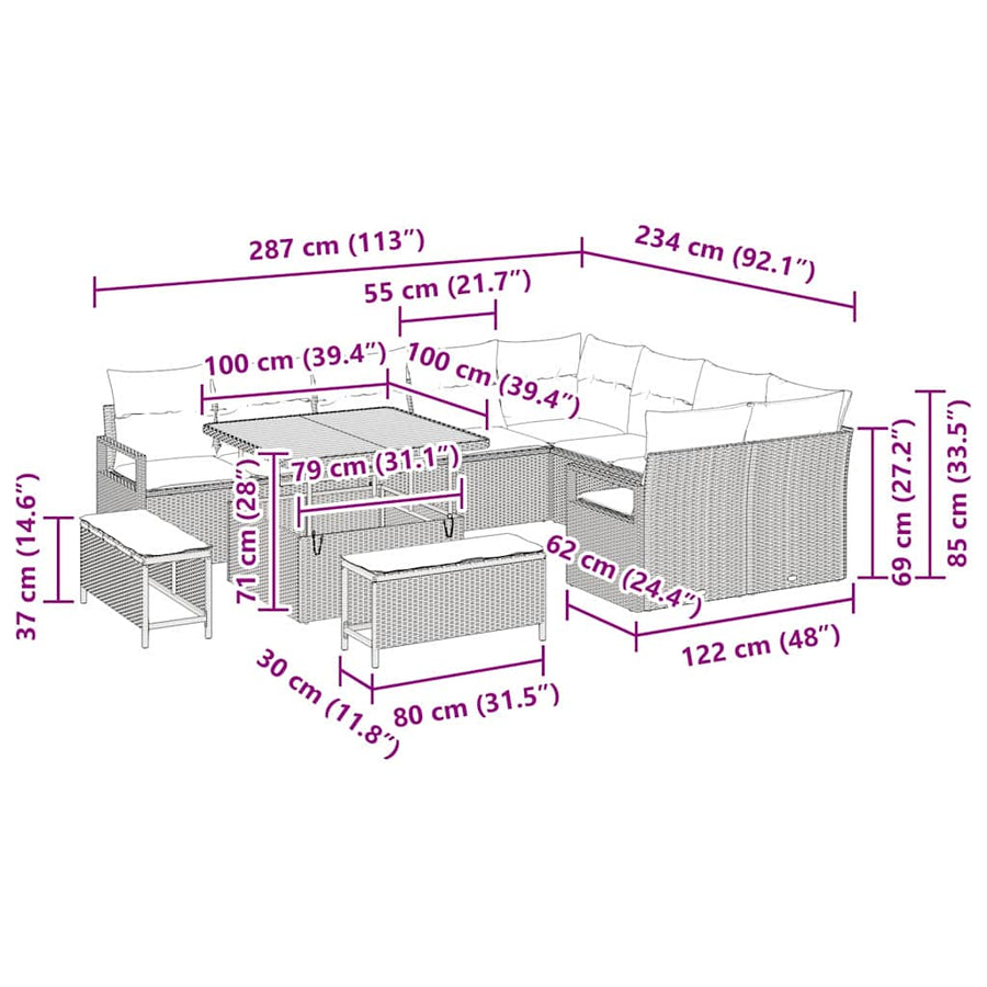 Tuinbankenset met kussen 12 pcs Zwart poly rattan