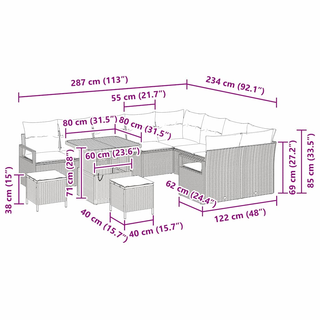 Tuinbankenset met kussen 12 pcs Grijs poly rattan