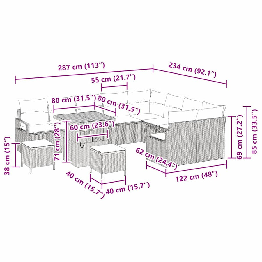Tuinbankenset met kussen 12 pcs Grijs poly rattan