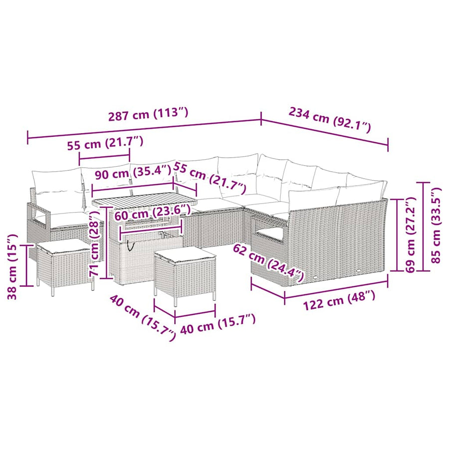 Tuinbankenset met kussen 12 pcs Beige poly rattan
