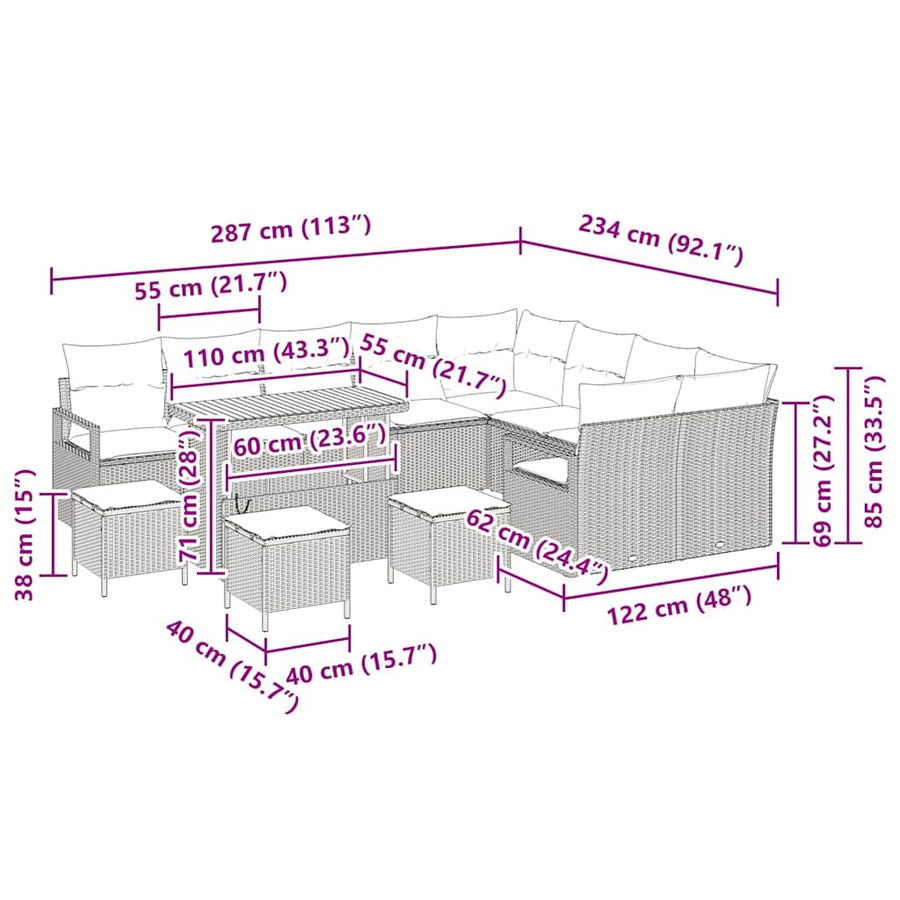 Tuinbankenset met kussen 13 pcs Grijs poly rattan