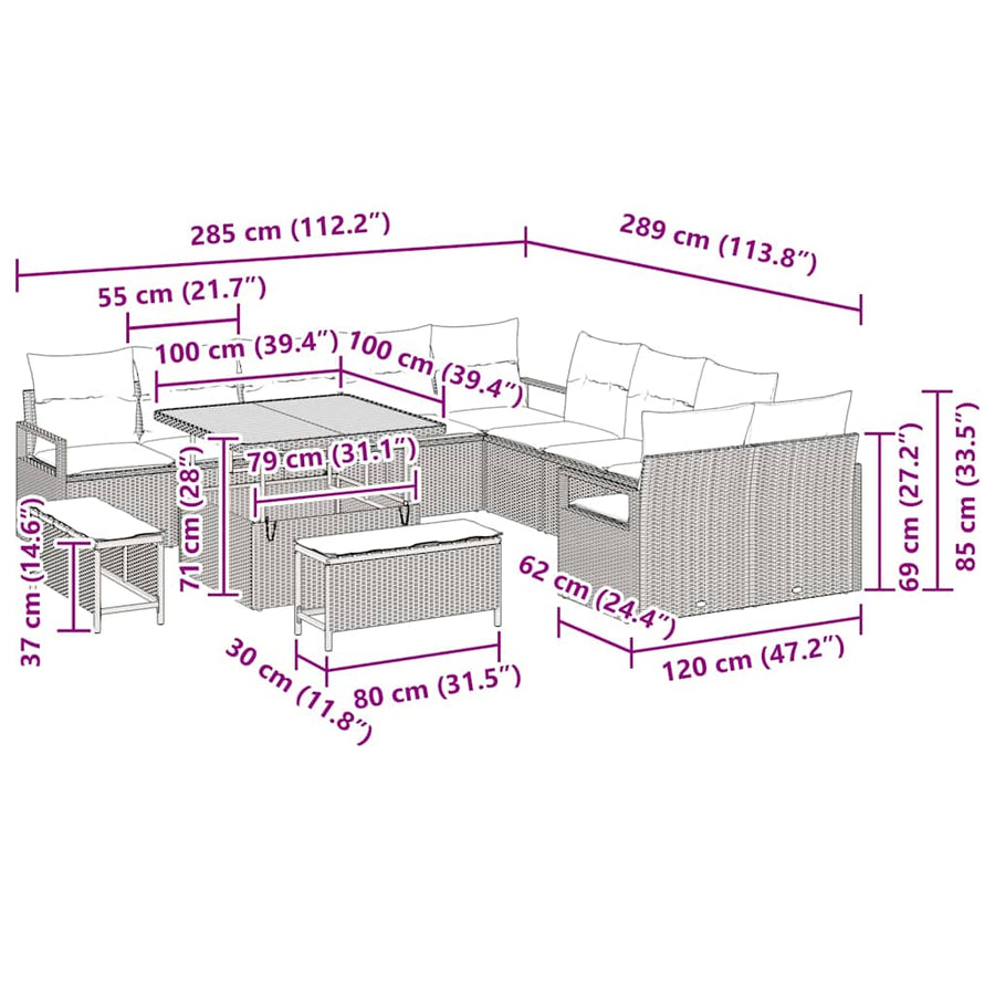 Tuinbankenset met kussen 13 pcs Zwart poly rattan