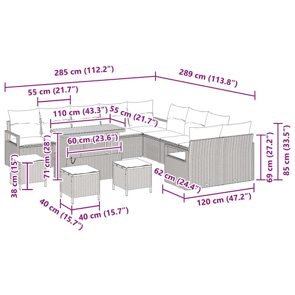 Tuinbankenset met kussen 14 pcs Zwart poly rattan