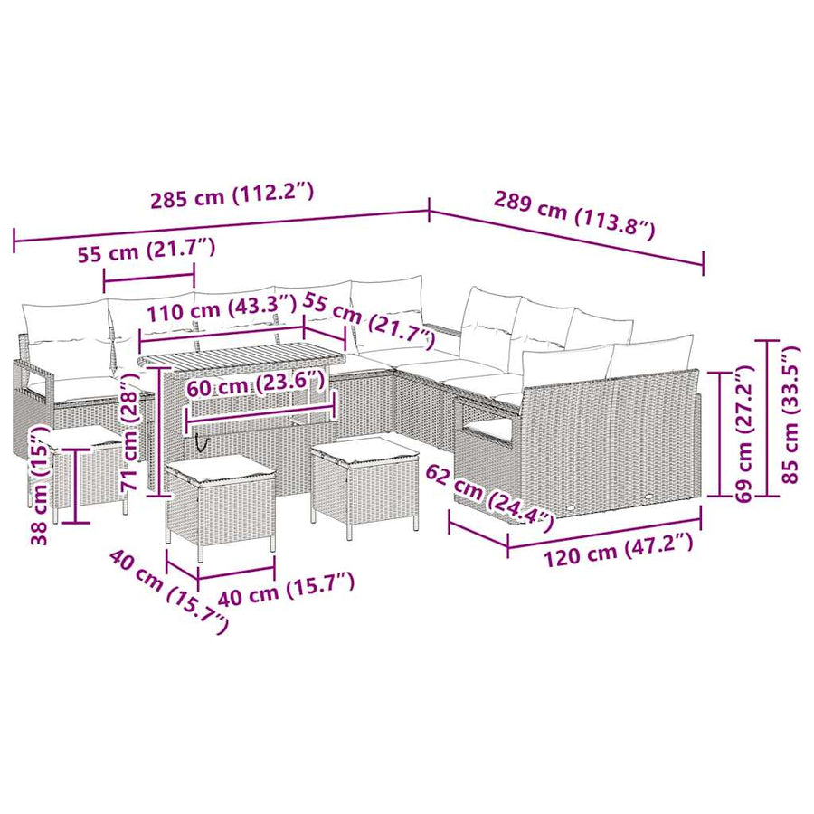 Tuinbankenset met kussen 14 pcs Grijs poly rattan