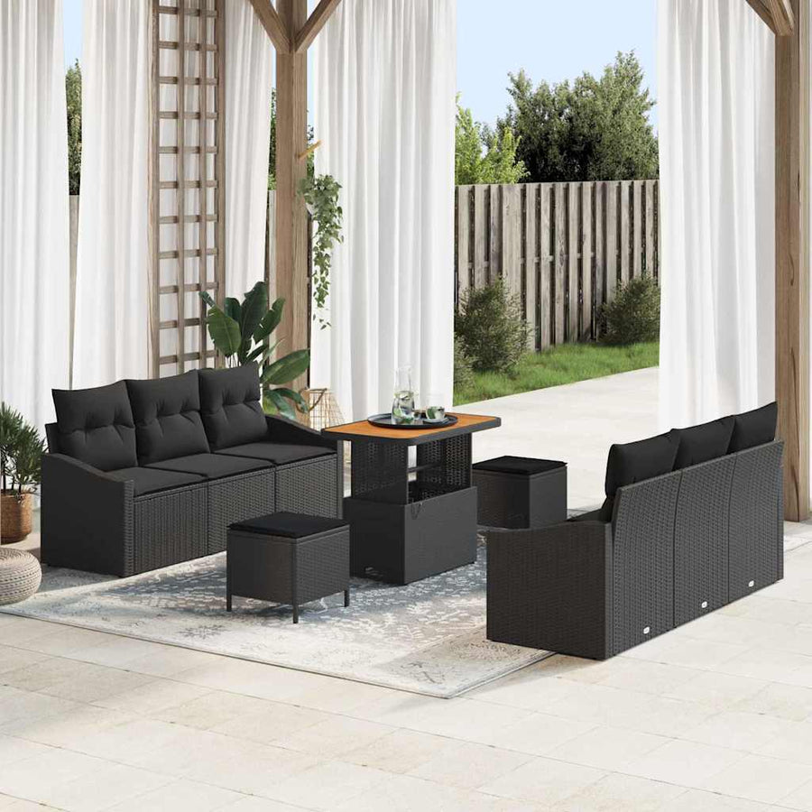 Tuinbankenset met kussen 9 pcs Zwart poly rattan