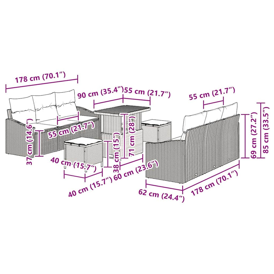Tuinbankenset met kussen 9 pcs Beige poly rattan
