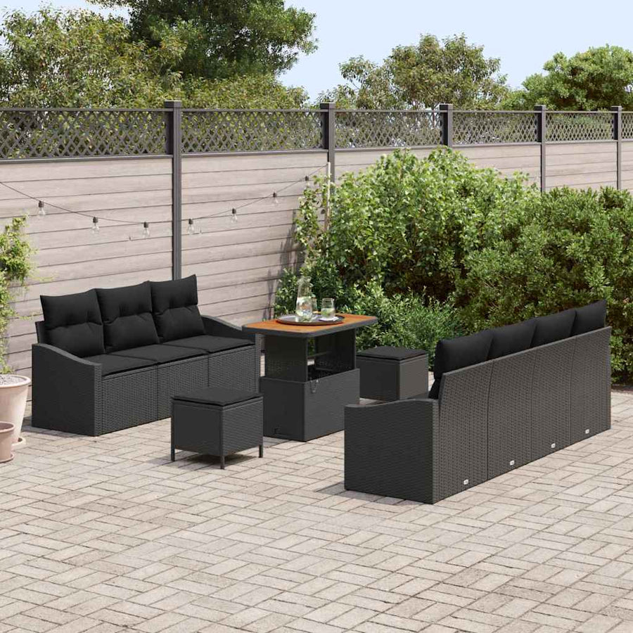 Tuinbankenset met kussen 10 pcs Zwart poly rattan