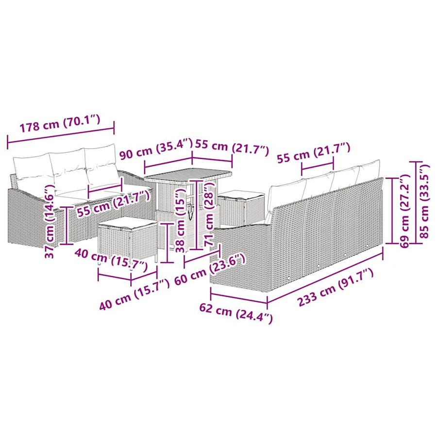 Tuinbankenset met kussen 10 pcs Zwart poly rattan