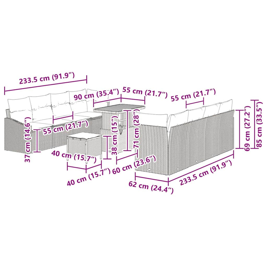 Tuinbankenset met kussen 11 pcs Zwart poly rattan