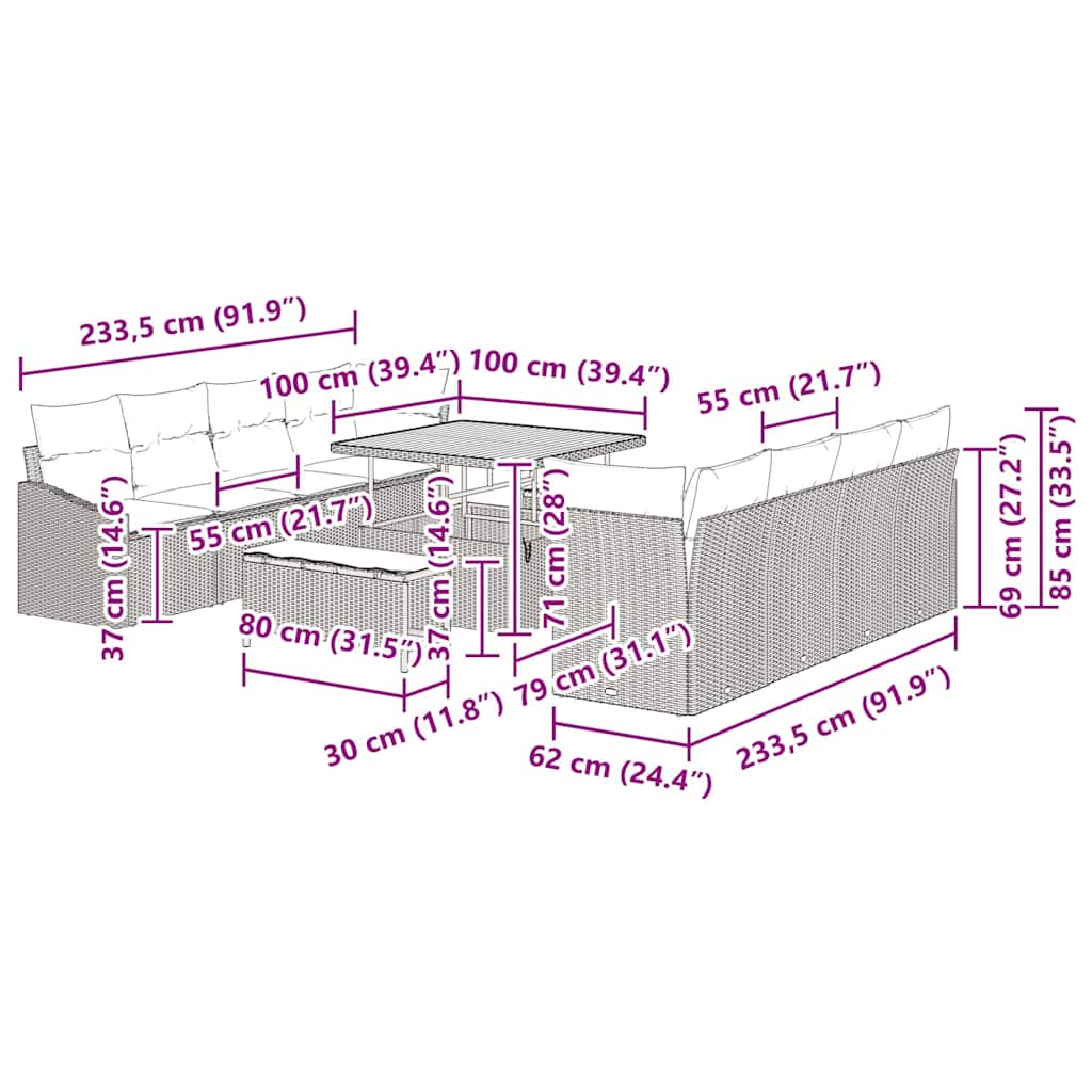 Tuinbankenset met kussen 11 pcs Zwart poly rattan