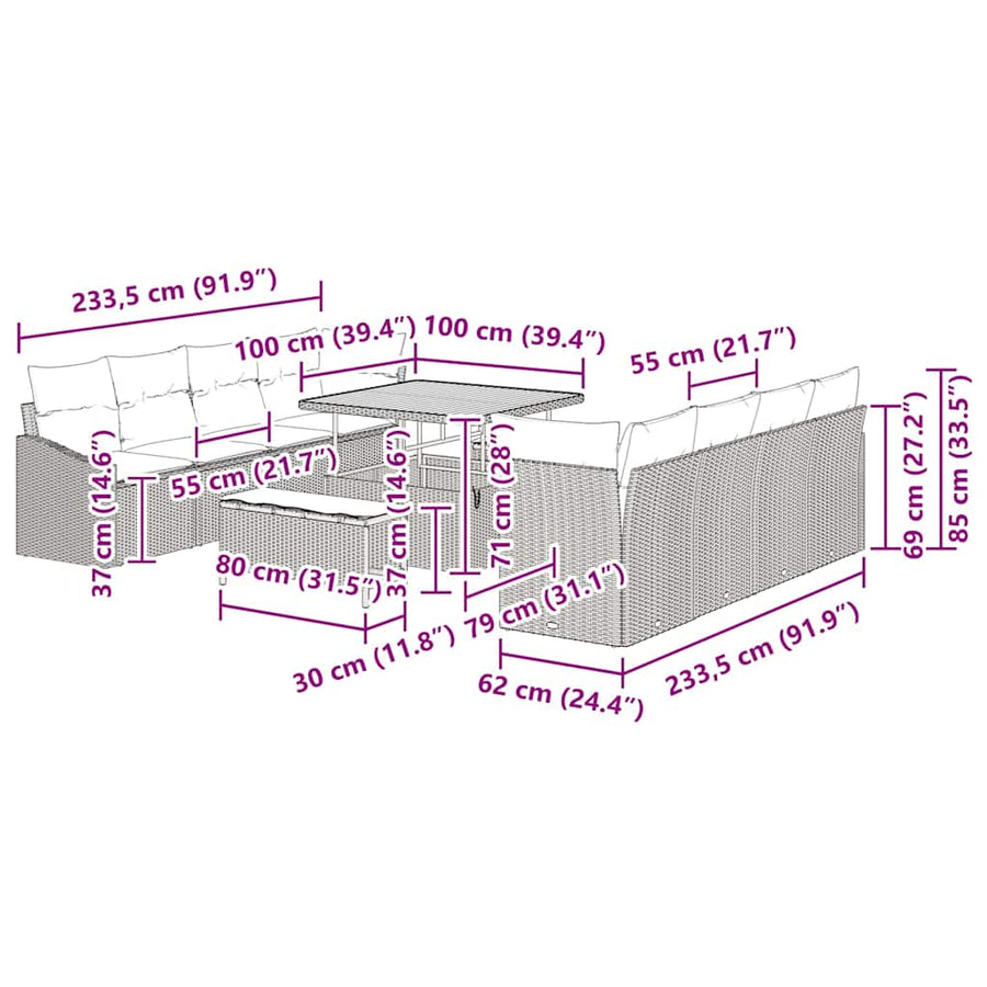 Tuinbankenset met kussen 11 pcs Zwart poly rattan