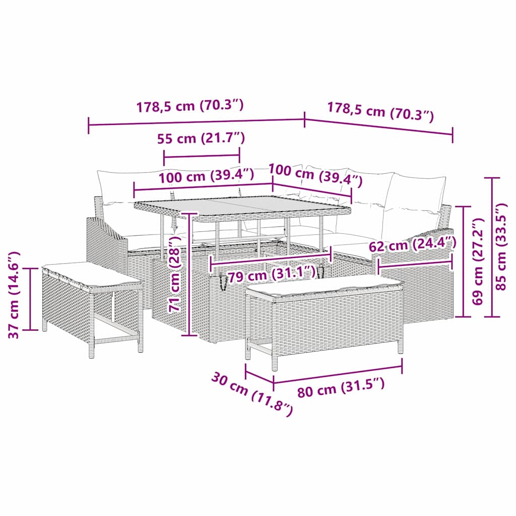 Tuinbankenset met kussen 8 pcs Zwart poly rattan